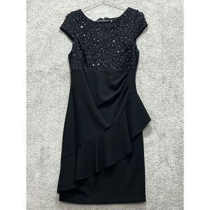 Jessica Howard Ruffled Sheath Dress Womens Size 8 Black Short Sleeve Back Zipper